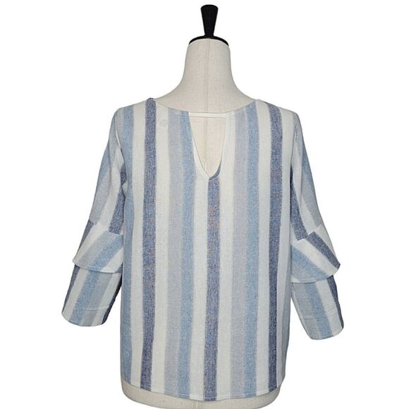 Urban Romantics Blue Striped Linen/Cotton Tiered Sleeve Keyhole Cropped Blouse M - Picture 4 of 7